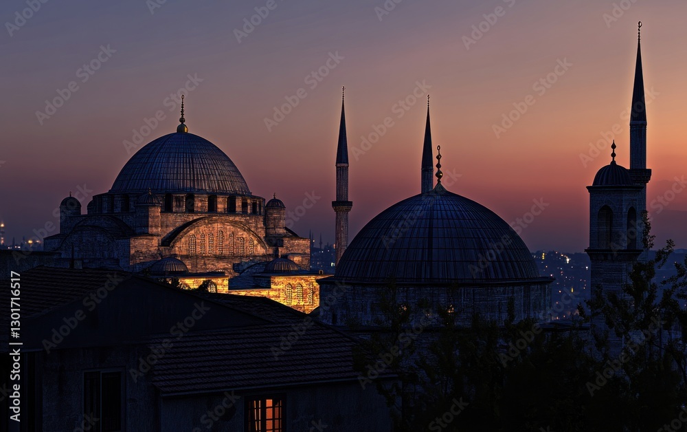 Obraz premium Sunset view of illuminated mosques and minarets.