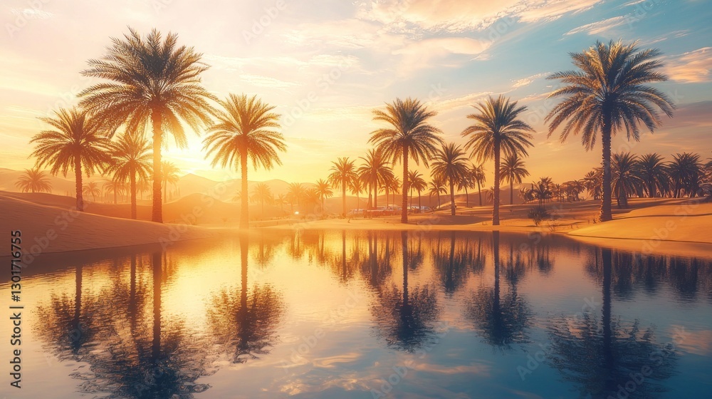 Obraz premium Oasis sunset with palm trees reflecting in calm water.