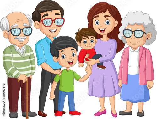 Vector illustration of a happy family, mother, father, children, grandparents