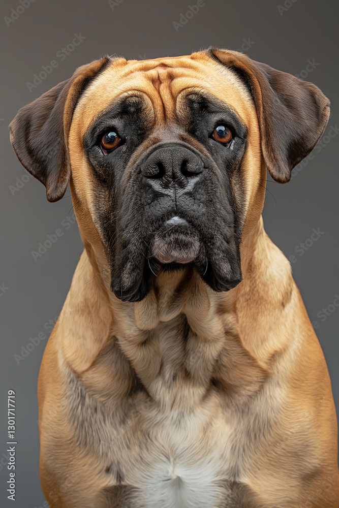 Fototapeta premium Bullmastiff dog on minimalistic colorful background with Copy Space. Perfect for banners, veterinary ads, pet food promotions, and minimalist designs.