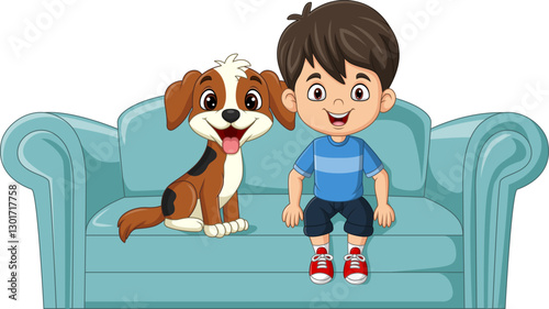 Cartoon happy boy sitting with his dog on sofa