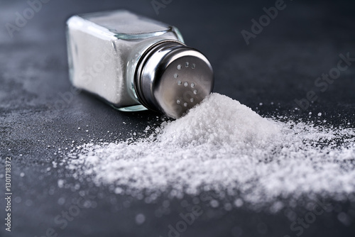 glass salt shaker  and crystals of salt on a black table.