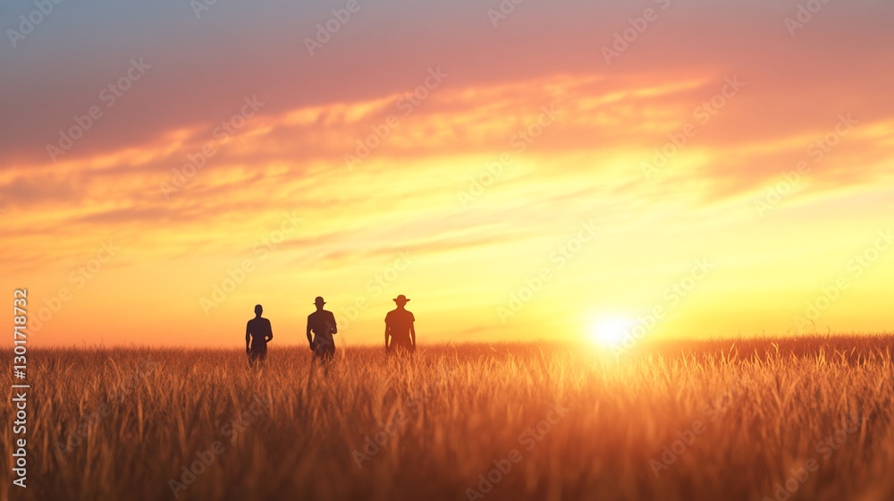 Farmers silhouetted at sunset in wheat field Farmers silhouetted at sunset in wheat field