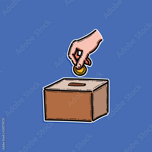 A hand inserting a coin into a box, symbolizing charity, donations, or giving. Simplistic illustration with bright colors conveying generosity and support.
