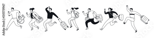 People running with Luggage and bags in their hands. Men, women actively moving. Travel. Linear set of characters. Vector illustration isolated in doodle style