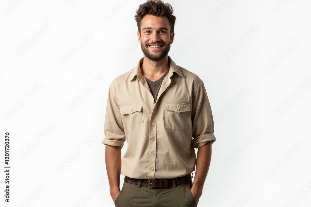 Fototapeta premium Half-Length (Waist-Up) portrait of young stylish smiling Andorran male model in country wear isolated on pure white background looking at camera