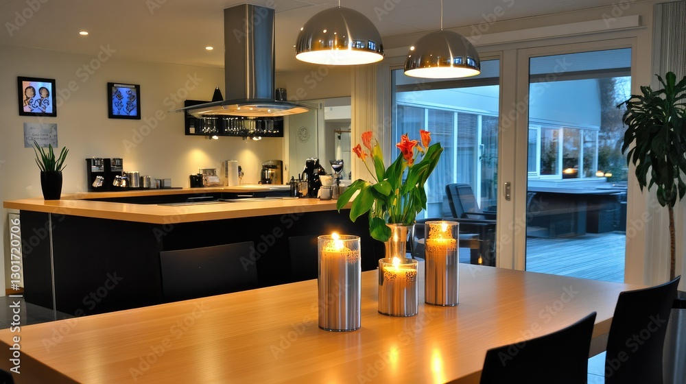 Fototapeta premium Modern Kitchen, Dining Area, Patio View