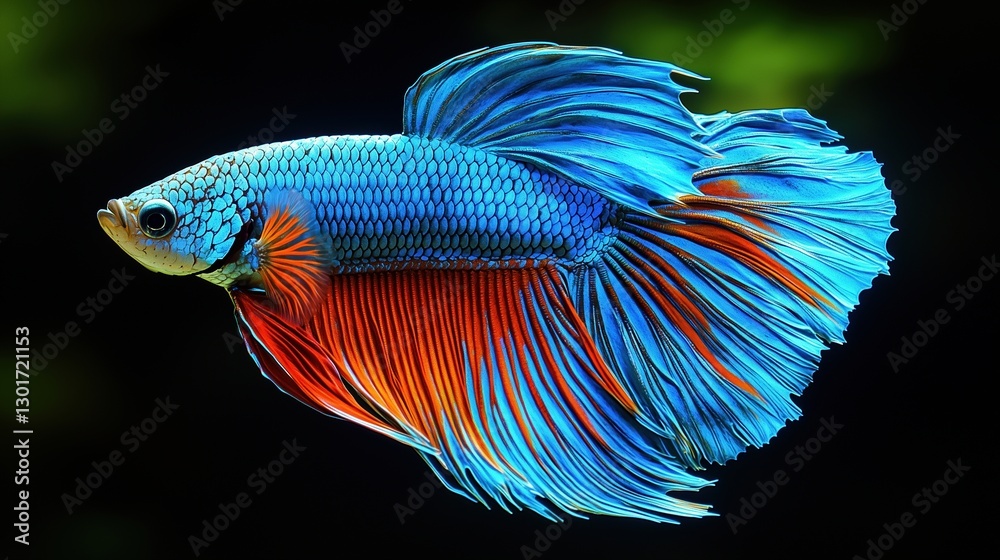 Fototapeta premium A vibrant betta fish showcasing its stunning blue and red fins against a dark background.