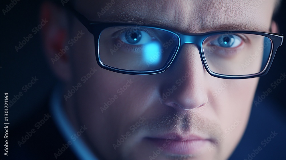 Focused man, glasses, blue light, dark background, tech concept Focused man, glasses, blue light, dark background, tech concept