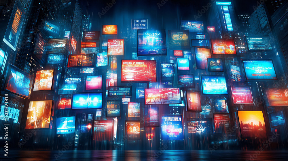 Εκτύπωση καμβά A stunning display of illuminated screens and billboards populating a busy urban