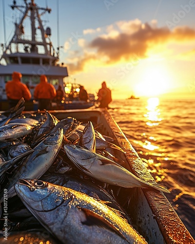 A fishing boat filled with fresh fish during a beautiful sunset over the ocean.