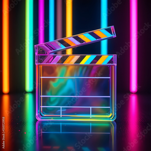 A transparent clapperboard with an iridescent shine. Images of futuristic technologies and solutions for video and cinematography. Dark black background.