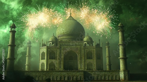 Taj Mahal with green fireworks at night.