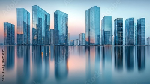 Cityscape reflection at dawn.