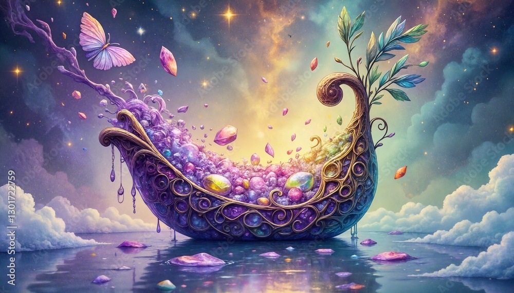 Fototapeta premium Enchanted Dream Boat with Magical Flora and Fauna