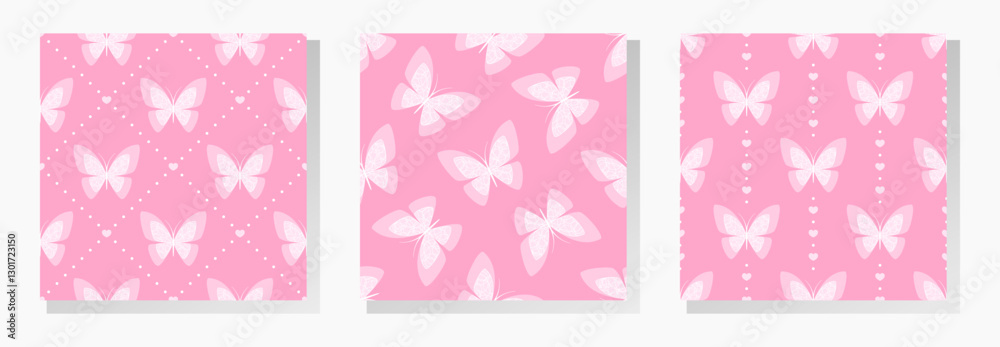 White butterflies, hearts and dots on pink background. Vector seamless patterns collection. White butterflies, hearts and dots on pink background. Vector seamless patterns collection.