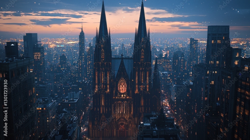 Fototapeta premium Night cityscape with illuminated gothic cathedral.