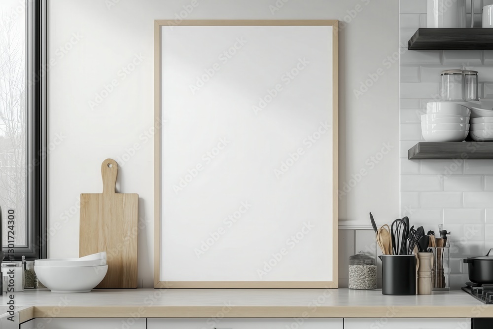 Fototapeta premium Mockup de moldura vertical em cozinha moderna com utensílios, plantas e decoração minimalista, criado com IA generativa para visualização de arte e design
