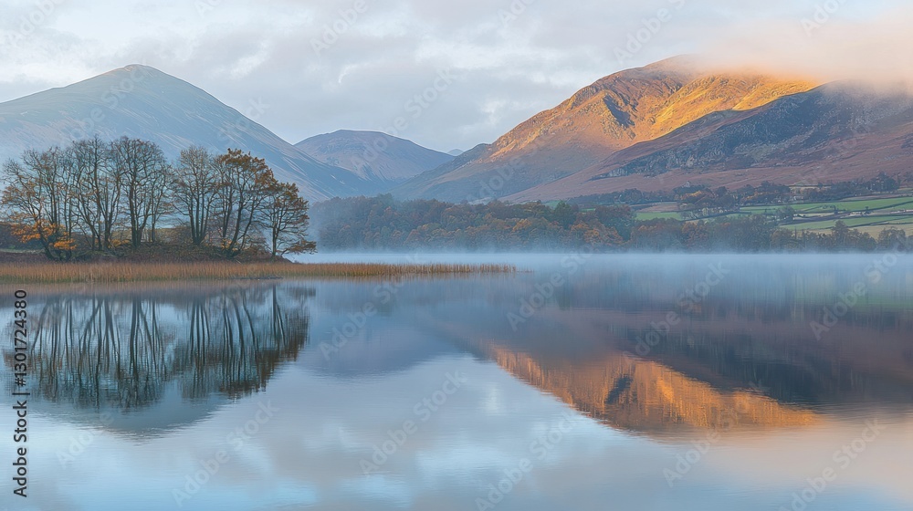 Fototapeta premium Misty lake reflecting golden sunrise mountains.