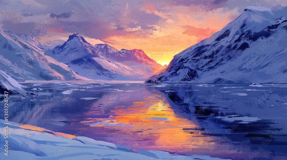 Obraz premium Sunset over a serene, snow-capped mountain range reflecting in a frozen lake.