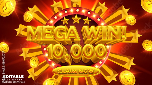 Mega win 3d editable vector text effect. lucky casino mega win advertisement modern poster design with editable text, gold coins
