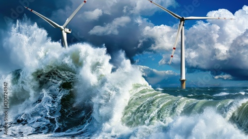 Offshore Wind Turbines Rising Above Powerful Ocean Waves