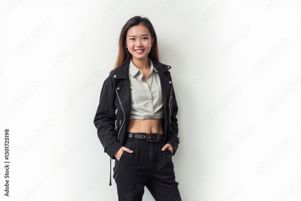 Half-Length (Waist-Up) portrait of young stylish smiling Bruneian female model in goth wear isolated on pure white background looking at camera Half-Length (Waist-Up) portrait of young stylish smiling Bruneian female model in goth wear isolated on pure white background looking at camera