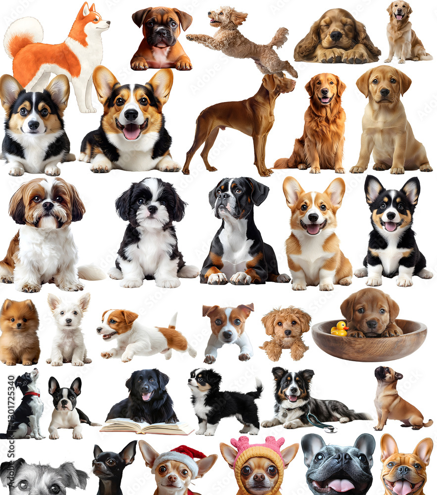 A set of cute dogs and pets sitting on a white background A set of cute dogs and pets sitting on a white background