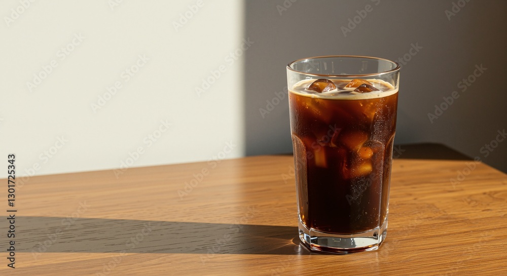 Iced coffee in a clear glass filled with ice cubes and dark brew, illuminated by soft natural light, resting on a warm wooden table surface Iced coffee in a clear glass filled with ice cubes and dark brew, illuminated by soft natural light, resting on a warm wooden table surface