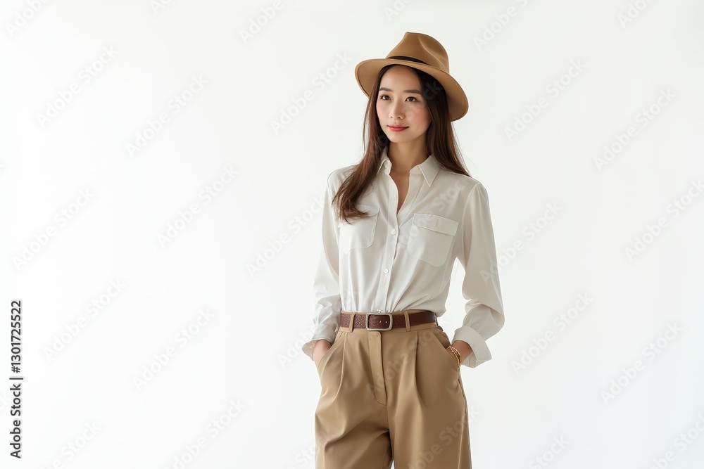 Half-Length (Waist-Up) portrait of young stylish smiling Bruneian female model in retro wear isolated on pure white background looking at camera Half-Length (Waist-Up) portrait of young stylish smiling Bruneian female model in retro wear isolated on pure white background looking at camera