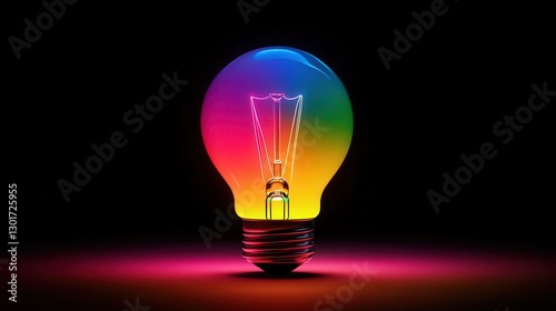 Colorful light bulb on black background with neon glow spectrum
