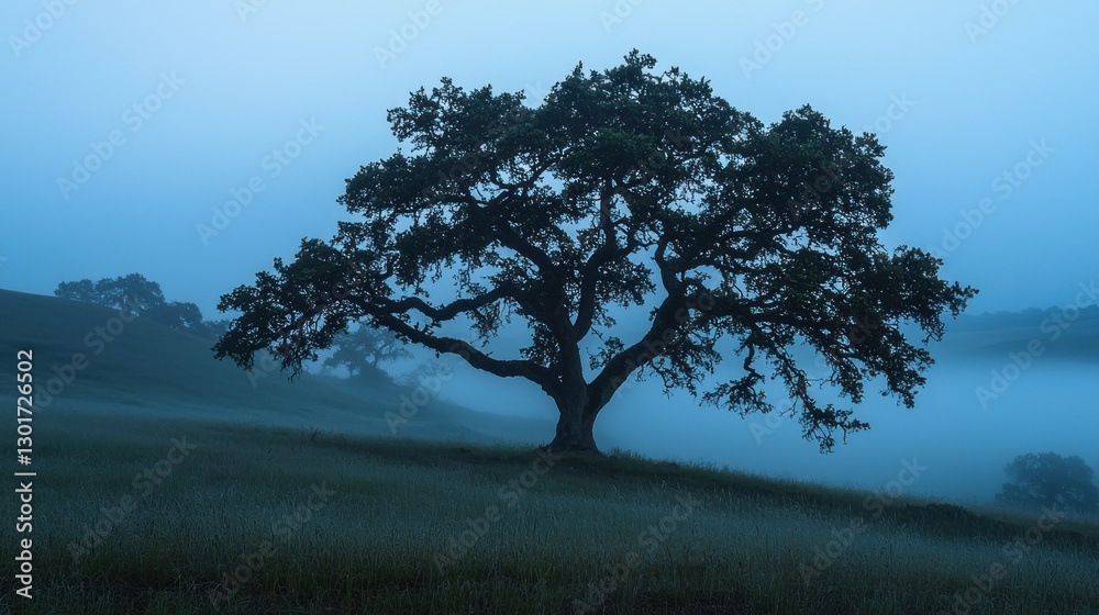 Solitary oak tree on foggy hill at dawn. Solitary oak tree on foggy hill at dawn.