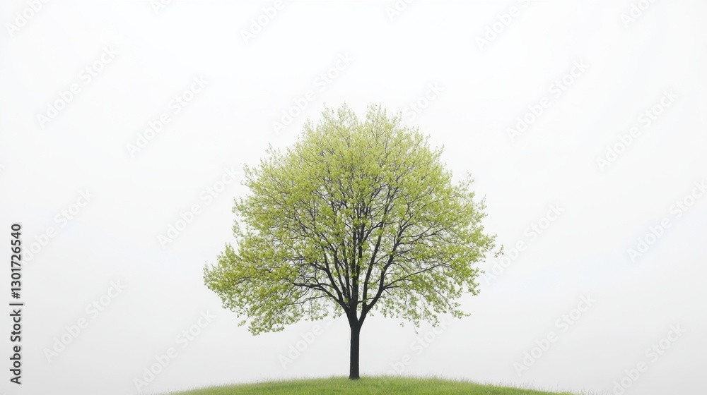 Solitary green tree open field nature scene tranquil environment close-up view symbol of loneliness
