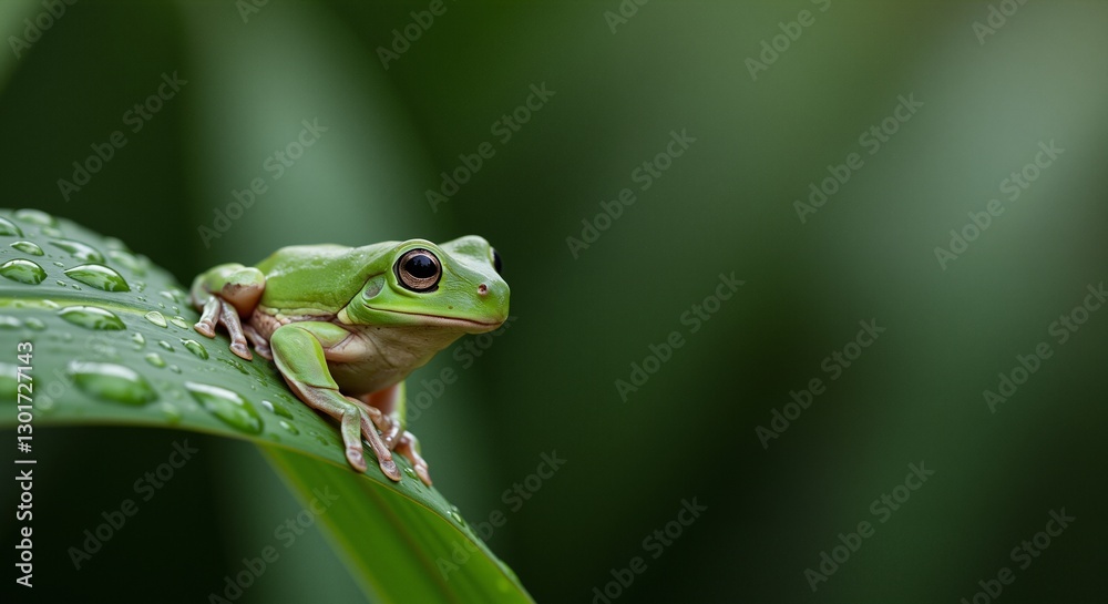 Green frog perched on a dewy leaf, radiating tranquility and curiosity in its natural habitat surrounded by lush greenery Green frog perched on a dewy leaf, radiating tranquility and curiosity in its natural habitat surrounded by lush greenery