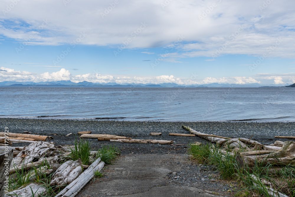 Fototapeta premium shore of Malcolm Island with old tree logs beautiful water of the ocean with clouds on blue sky