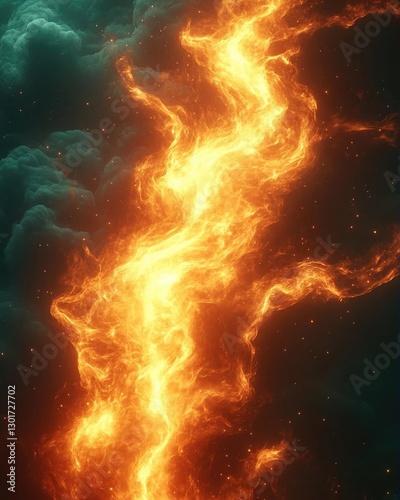 Fiery stream of molten lava flowing through a dark, smoky atmosphere, creating a dramatic scene