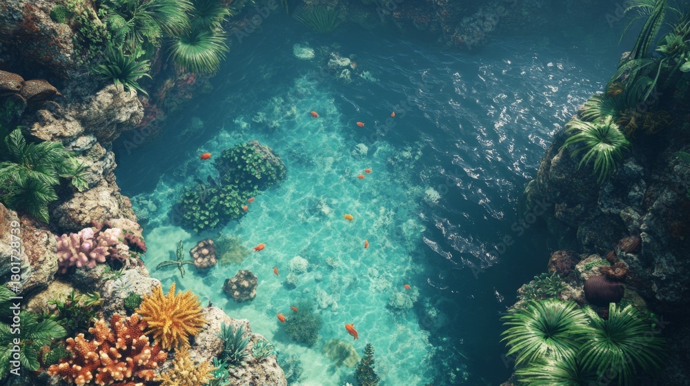 Fototapeta premium Diving into vibrant coral reef high altitude aerial photography tropical ocean bird's eye view marine life