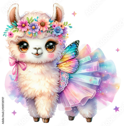 Adorable fairy alpaca with rainbow wings, a floral crown, and a pastel tutu. A dreamy fantasy illustration perfect for children’s decor, storybooks, scrapbooking, sublimation