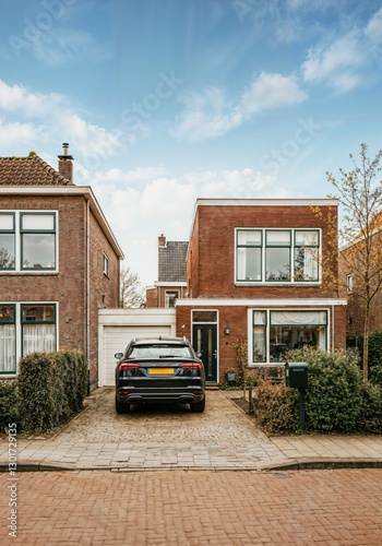 A delightful modern house features a neatly parked car in front, surrounded by greenery and a beautiful blue sky, reflecting a serene suburban lifestyle filled with comfort.