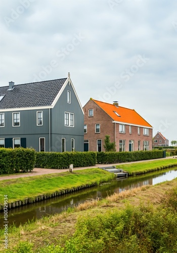 This captivating image features charming houses alongside a winding waterway, showcasing idyllic scenery that reflects a serene lifestyle and scenic beauty in nature.