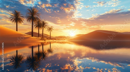 Oasis sunset reflection in desert.