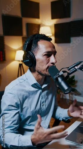 Dynamic podcast host engages audience with enthusiastic conversation in modern studio