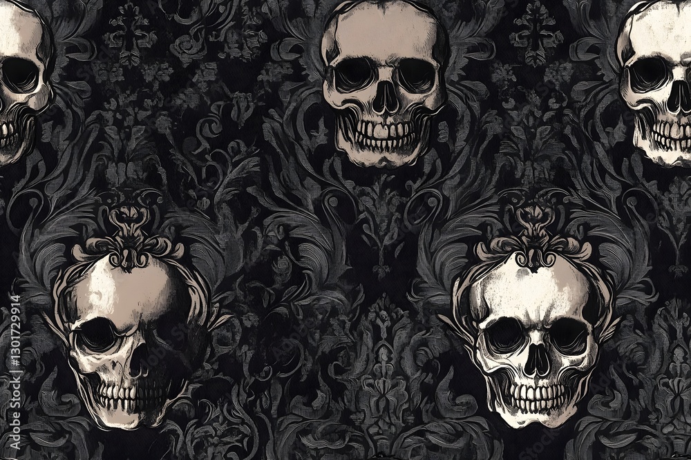 Gothic Damask Pattern with Skulls and Roses Baroque Horror Aesthetic Gothic Damask Pattern with Skulls and Roses Baroque Horror Aesthetic