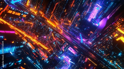Futuristic glowing city with digital connections and data streams