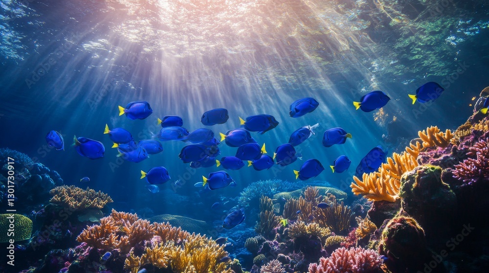 Obraz premium Large school of bright blue tang fish swimming coral reef underwater scene ocean environment dive perspective marine life