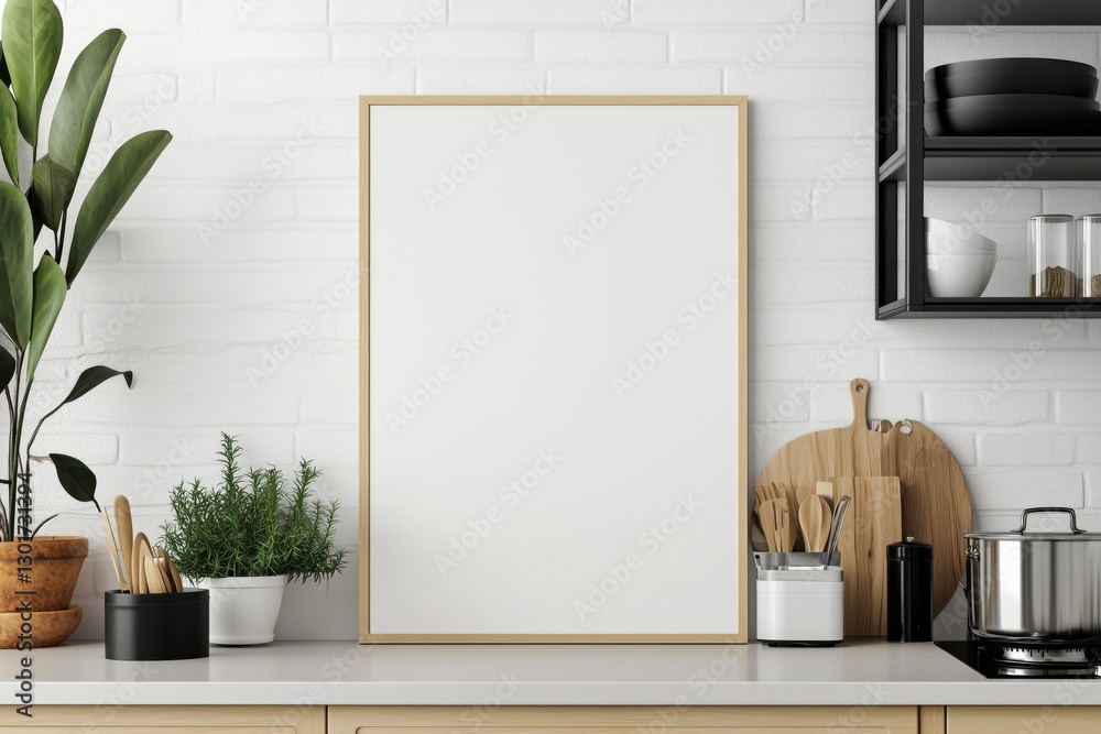 Mockup de moldura vertical em cozinha moderna com utensílios, plantas e decoração minimalista, criado com IA generativa para visualização de arte e design