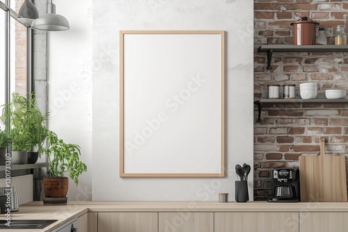 Mockup de moldura vertical em cozinha moderna com utensílios, plantas e decoração minimalista, criado com IA generativa para visualização de arte e design
