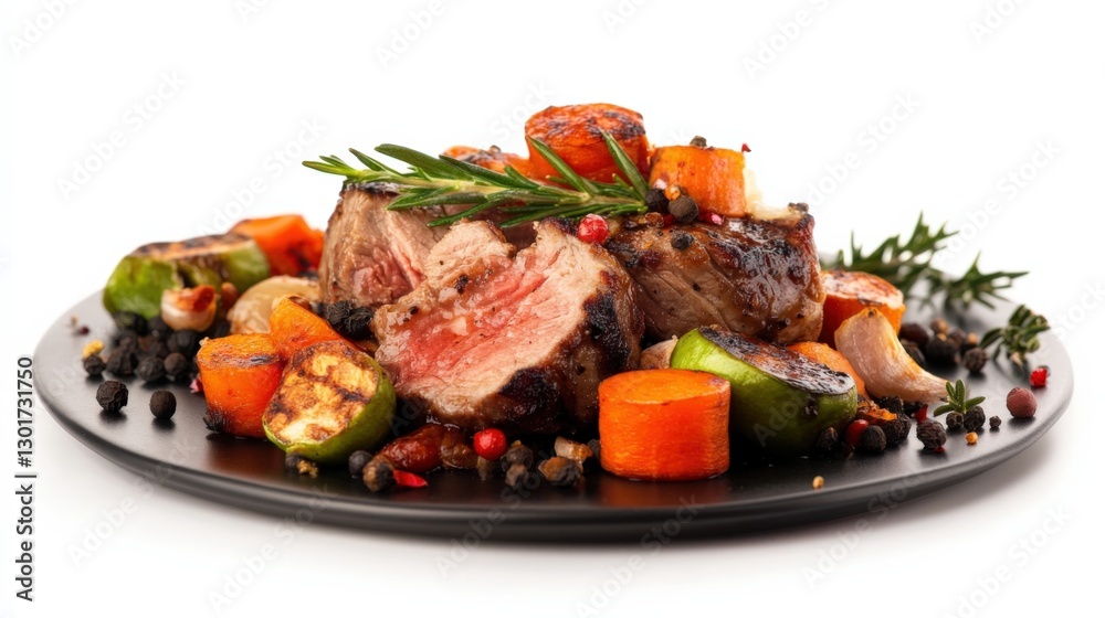 Gourmet grilled meat with seasonal vegetables culinary presentation fine dining isolated background elegant viewpoint food experience