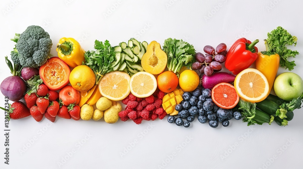 A selection of rainbow-colored fruits and vegetables arranged on a white table, ideal for juice and smoothie preparation, symbolizing a healthy diet concept A selection of rainbow-colored fruits and vegetables arranged on a white table, ideal for juice and smoothie preparation, symbolizing a healthy diet concept