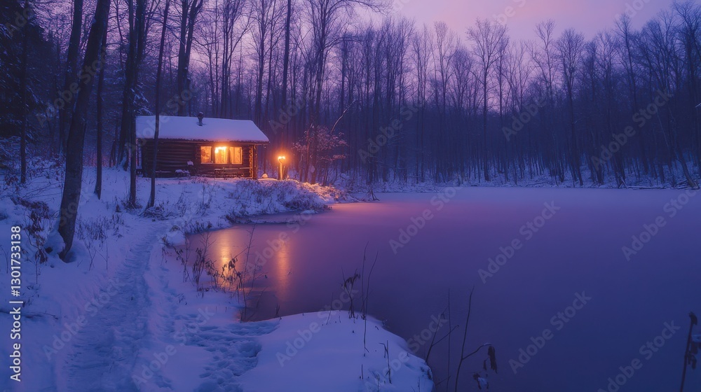 Secluded Lakeside Cabin Glowing at Dusk Secluded Lakeside Cabin Glowing at Dusk